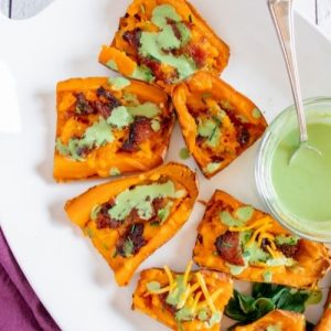 Loaded Sweet Potato Skins with Candied Bacon and a Spicy Basil Cream Sauce