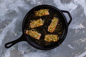 Cooked salmon in pan
